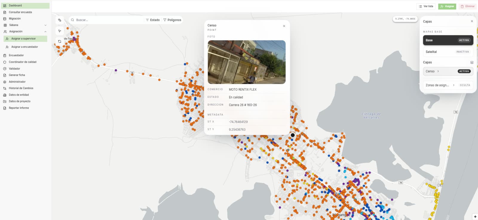 Mapa del censo de establecimientos en MappTax, con la ficha de un comercio, su foto y su dirección