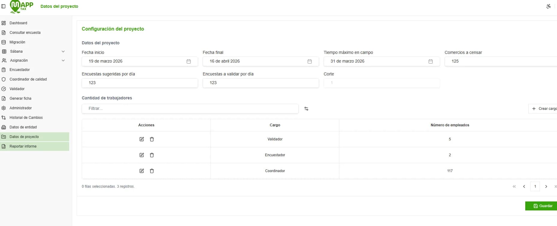Configuración de un proyecto de censo en MappTax con fechas, metas y cargos